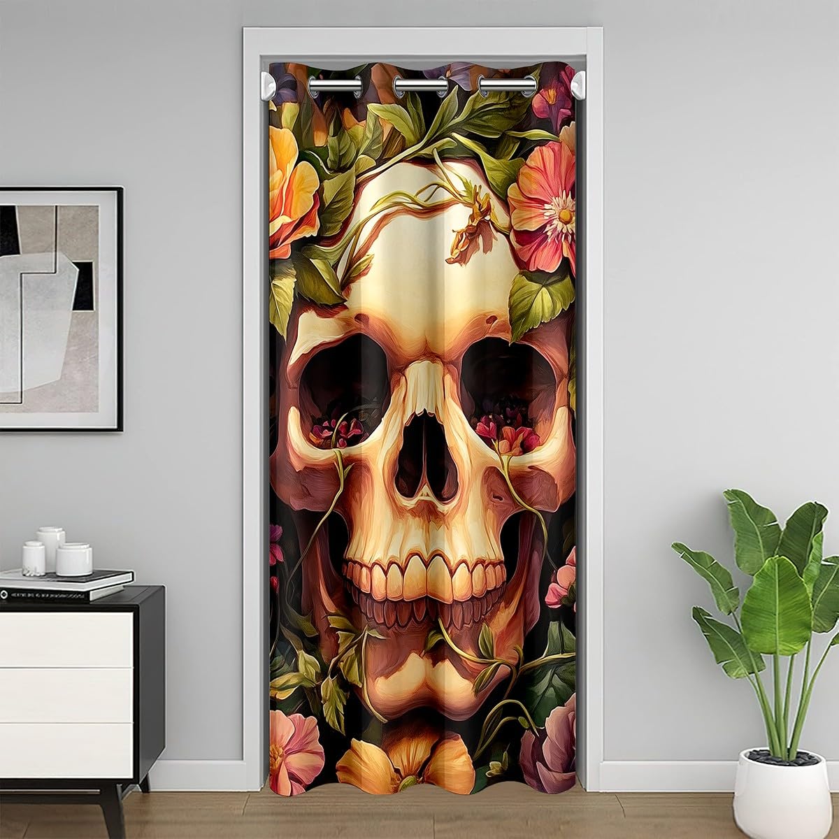Homemissing Skull Doorway Curtain Privacy 1 Panel, 150x203cm Flowers Comforter Cover Set Gothic Skull Door Cover Curtain Washable Boho Window Treatments Room Decor Black Brown