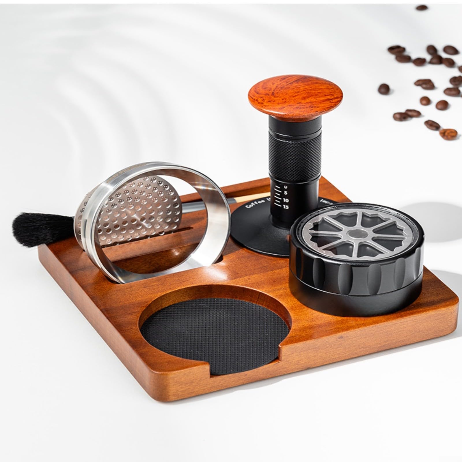 Juego de 6 prensadores de café expreso con estación de prensado de madera, distribuidor de 58 mm y embudo dosificador, pantalla de disco y cepillo de limpieza para una elaboración precisa de Barista