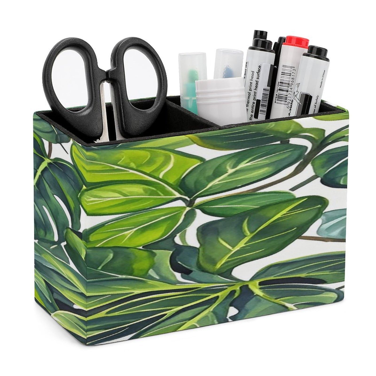 LZQPOEAS Green Leaves of Plants Leather Pen Holder with 2 Compartments Luxury Pencil Holder Minimalist Pencil Cup Brush Scissor Holders Elegant Pen Cup for Office Home Desk Accessories