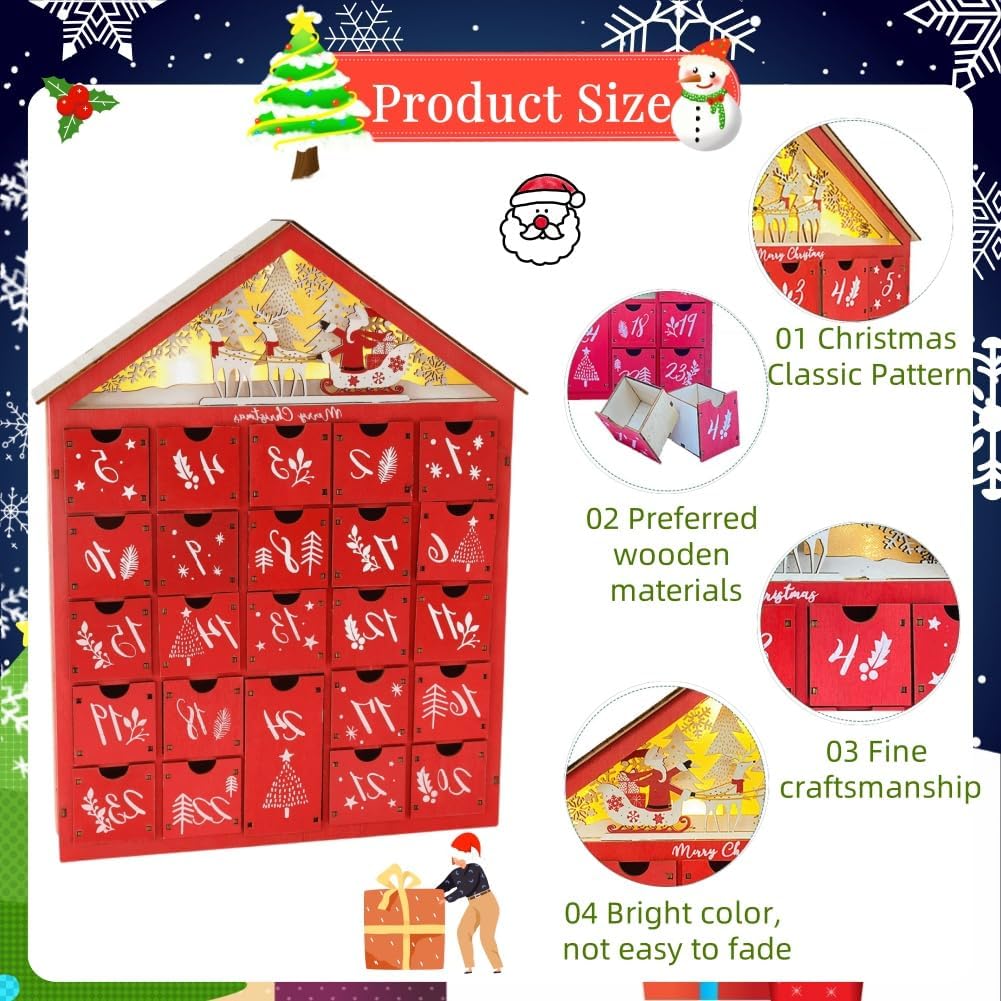 LED Christmas Advent Calendar with 24 Storage Drawers Wooden Advent Calendar Decorated with Christmas Tree House Reusable Xmas Countdown Calendar DIY for Adults Kids Gifts Holiday Decoration (Red)