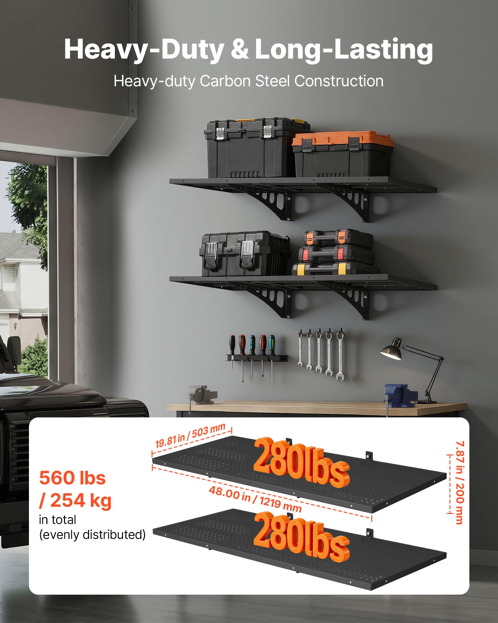 VEVOR Mensola da Parete Portaoggetti per Garage Officina 2 pezzi 122x50,3 cm, Pannelli Forati Scaffale Portaoggetti 2 Ripiani Carico Singolo 127 kg per Lavanderia Cucina Officina, Nero