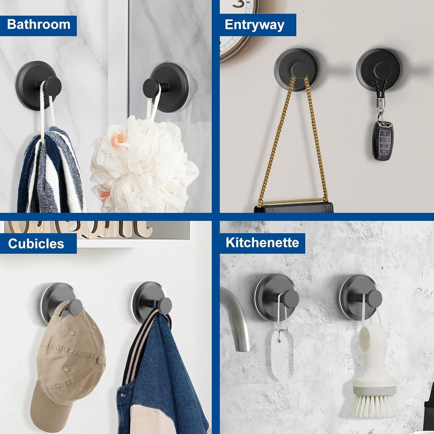 2 ganchos de ventosa negro mate para baño, ganchos para toallas de cocina, soporte de gancho de ducha, cuelga hasta 15 libras, se monta en azulejos lisos, puertas de vidrio y paredes de ducha