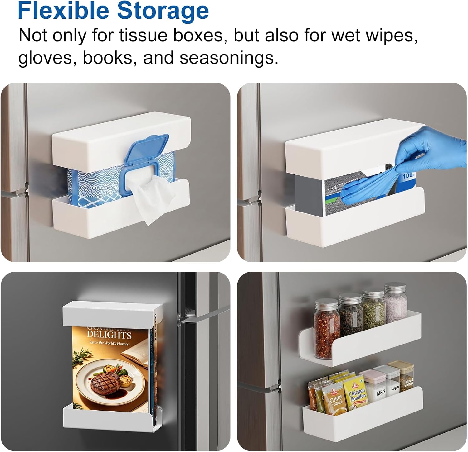 PAVSTINE Adjustable Magnetic Glove & Tissue Box Holder, Wall Mount Dispenser for Gloves, Wipes & Tissues, Multi-Purpose Organizer for Kitchen, Laundry, Garage & Workshop, White