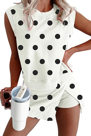 EARKOHA 2 Piece Sets for Women Summer Outfits Sleeveless Crew Neck Polka Dot Matching Sets for vacation Travel