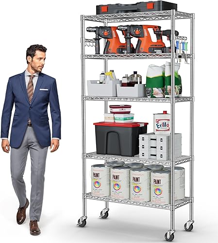 Miniatura 9 de YNN Estantería de alambre, capacidad de 1750 libras, estante de alambre NSF resistente de 5 niveles con ruedas rodantes, estantes de almacenamiento