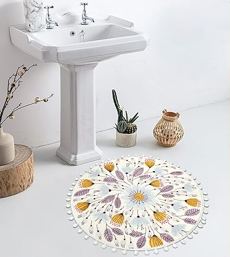 Miniatura 6 de Uphome Alfombra redonda pequeña de 2 pies con pompones y flecos, diseño floral, lavable, suave, antideslizante, circular para ducha, fregadero,