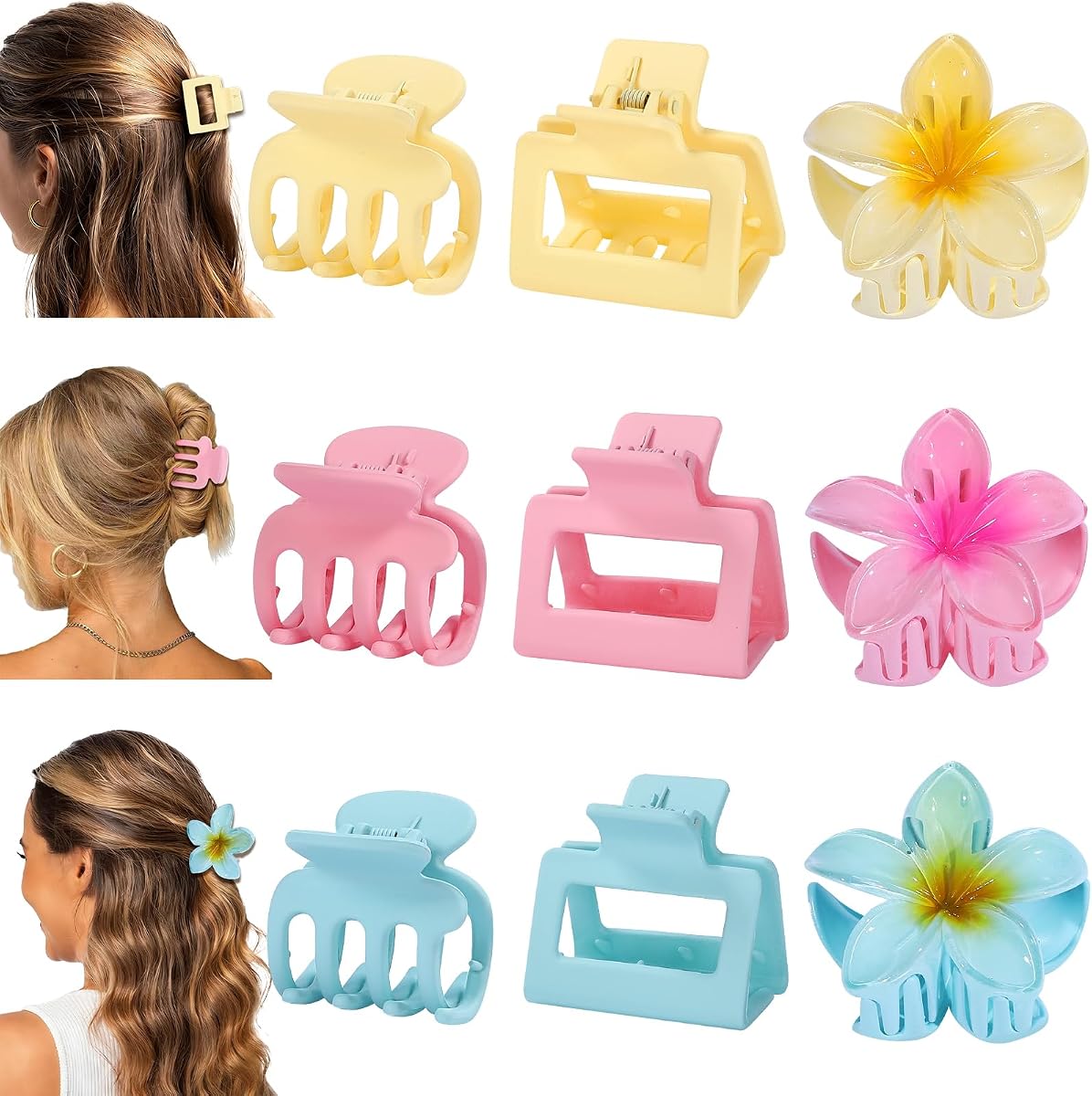Pinzas para el cabello con flores para mujer, paquete de 9, 3 estilos, rosa | Tallas medianas y pequeñas, estilos flor, cuadrado y clásico para cabello fino o grueso, ideal para peinados diarios y vacaciones.