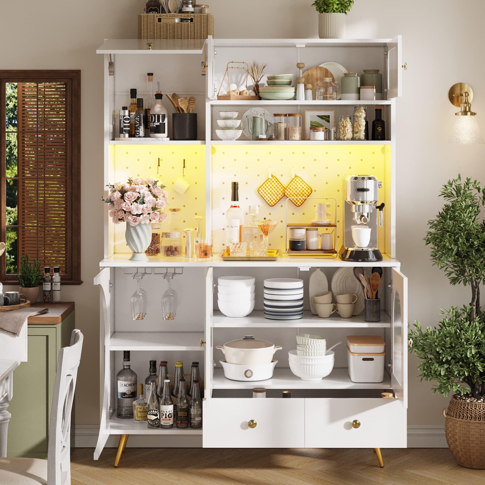Buffet Haut de Cuisine,Armoire de Salon Moderne,Buffet Salle a Manger,Meuble de Rangemen avec Prises électriques et éclairage LED,120x40x176cm (Blanc-A)