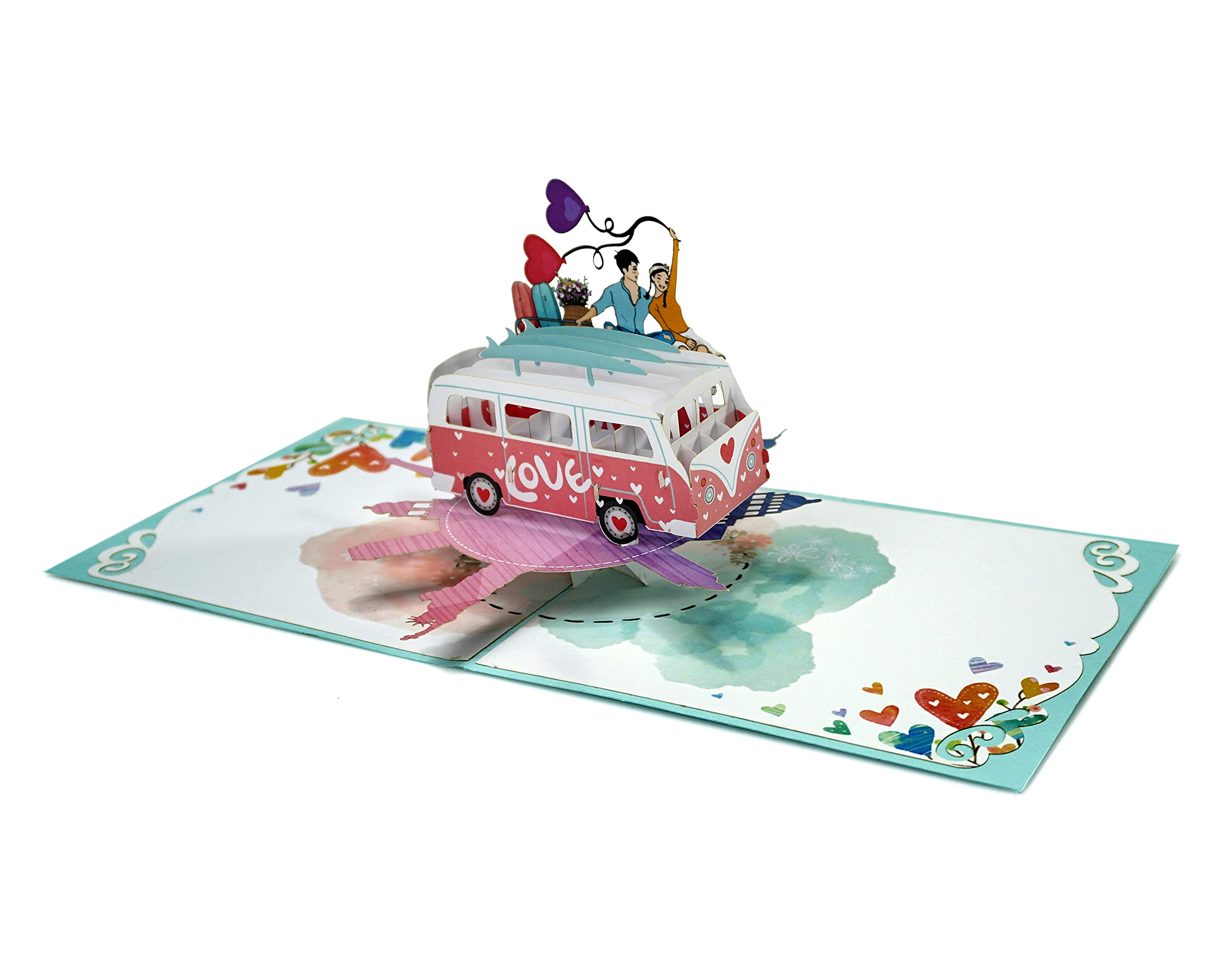Love Van couple travelling Pop Up 3D Card. Romantic valentines greeting card for Her,Girlfriend,Wife,Him,Boyfriend,Husband. 15cmx15cm - Image 2