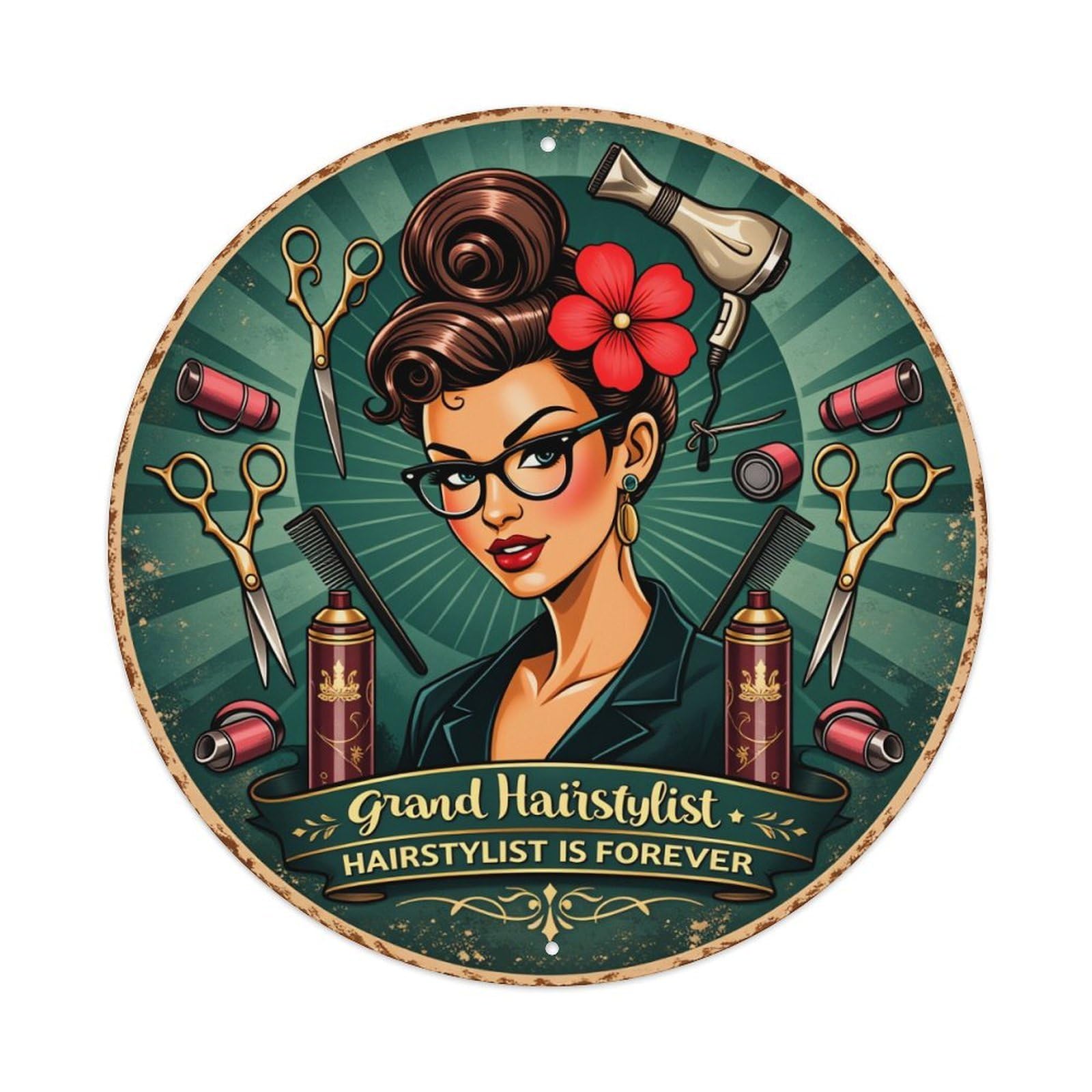 Vintage Hair Stylist Artwork Round Tin Sign Retro Metal Sign for Cafe Bar Pub Home Game Room Gym Club Wall Decoration Vintage Metal Poster 8x8 Inch