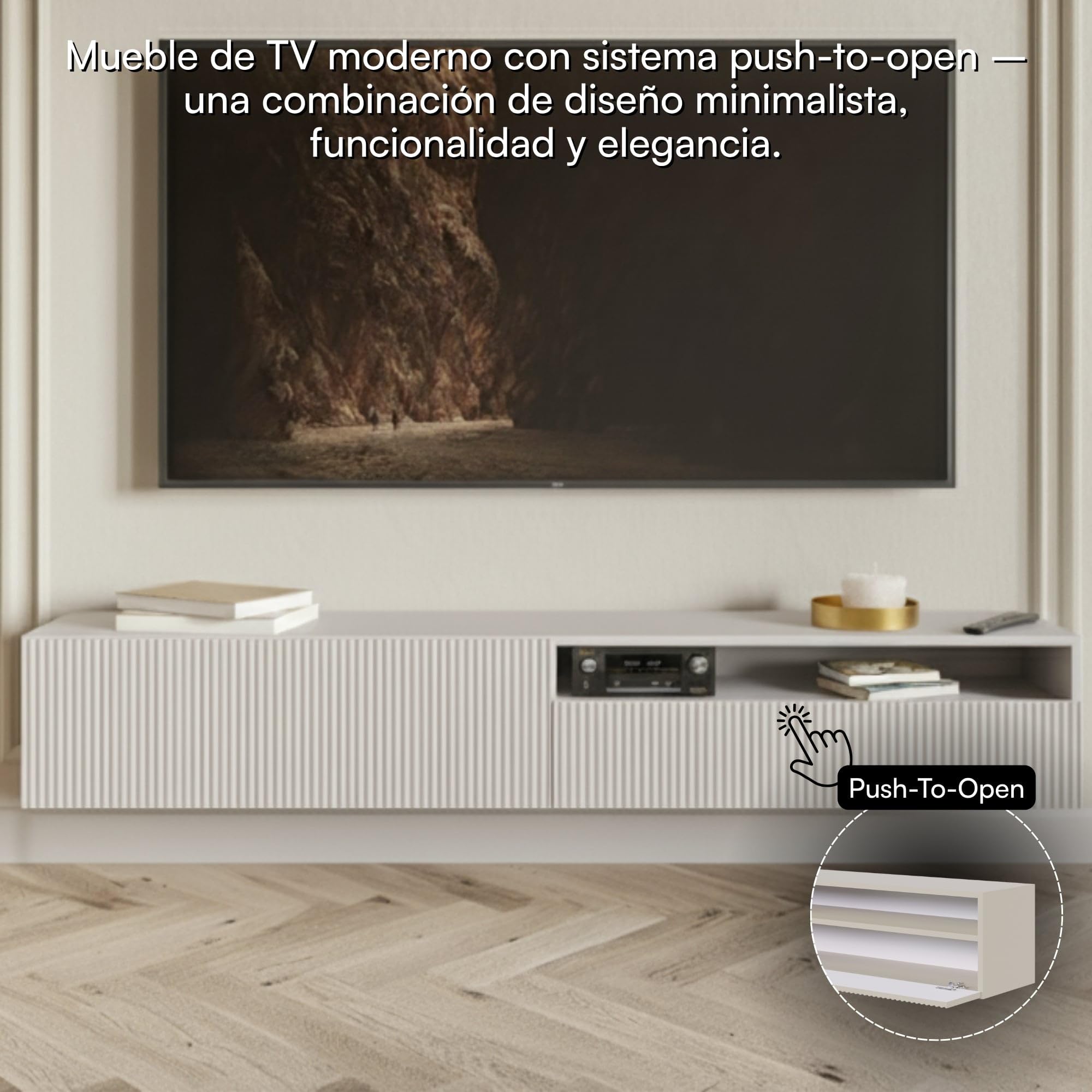 Selsey Mueble De TV Mesa De TV 175 cm Suspendido con Compartimento Abierto Fachada Fresada Gris Beige Veldio