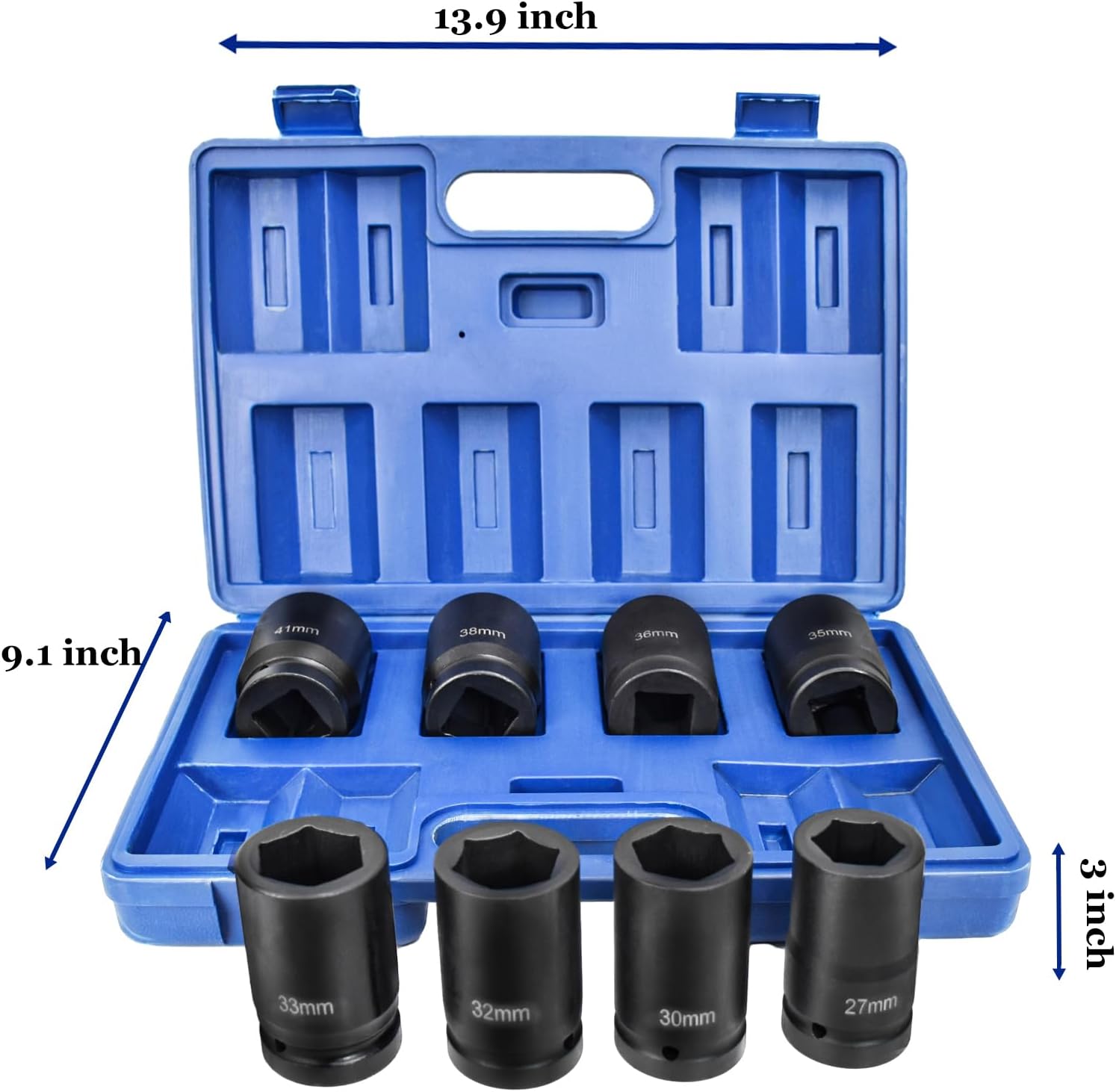 8-Pieces 1" DR Drive Deep Impact Socket Set, 6-Point (27mm - 41mm),8pc Jumbo Impact Socket Set with Carrying Case (21235#)