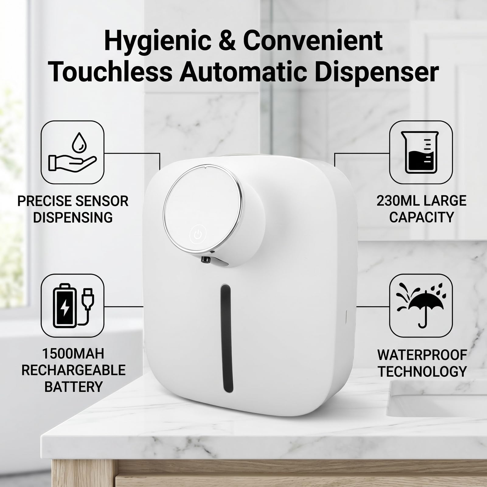 Focket Dispenser di Sapone, Automatico Touchless con Display LED e Batteria Ricaricabile, Dispenser di Sapone per Montaggio a Parete con Serbatoio da 230 Ml per il Bagno di Casa e Ufficio