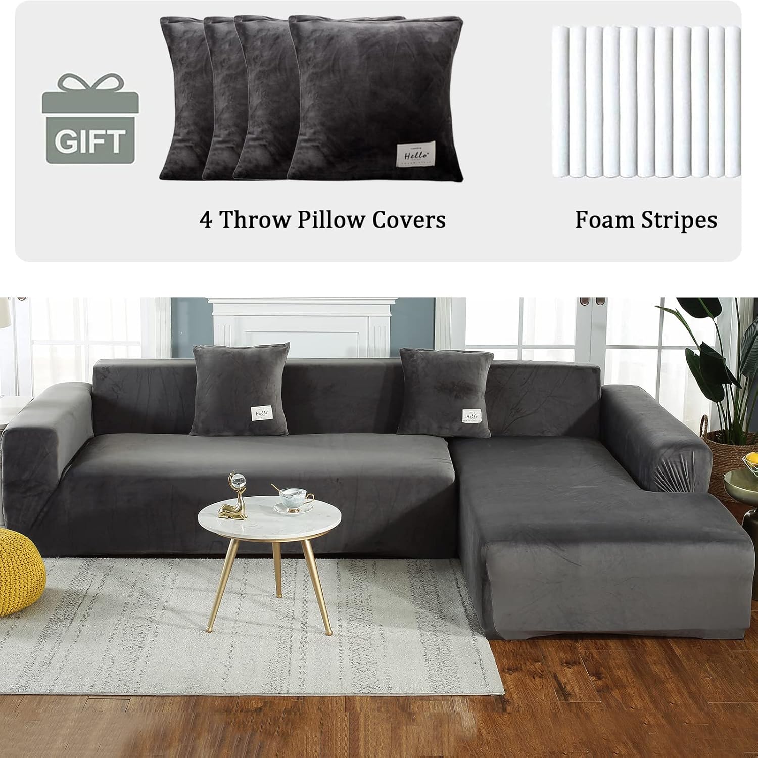 LiveGo Sectional Couch Covers 2pcs L-Shaped Sofa Covers Softness Furniture Slipcovers with 4pcs Pillowcases L-Type Thick Velvet Stretch Couch Covers 3 Seater + 3 Seater (Dark gray)