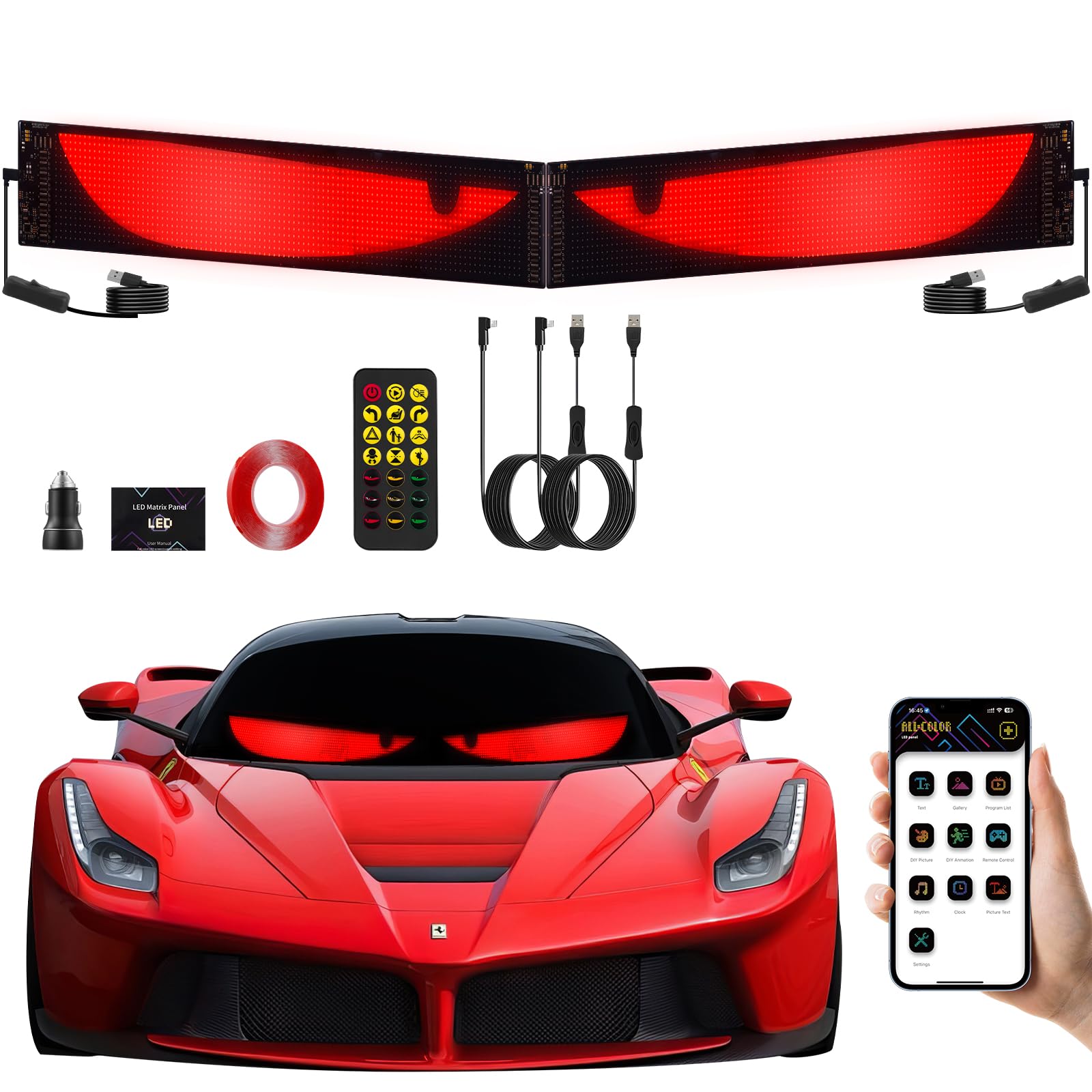 2 Stück Flexibles LED Augen für Auto, 23,6" Devil Eyes LED-Schild, Programmierbares LED Display mit App und Fernbedienung, für Auto Windschutzscheibe LKW Laden Bar