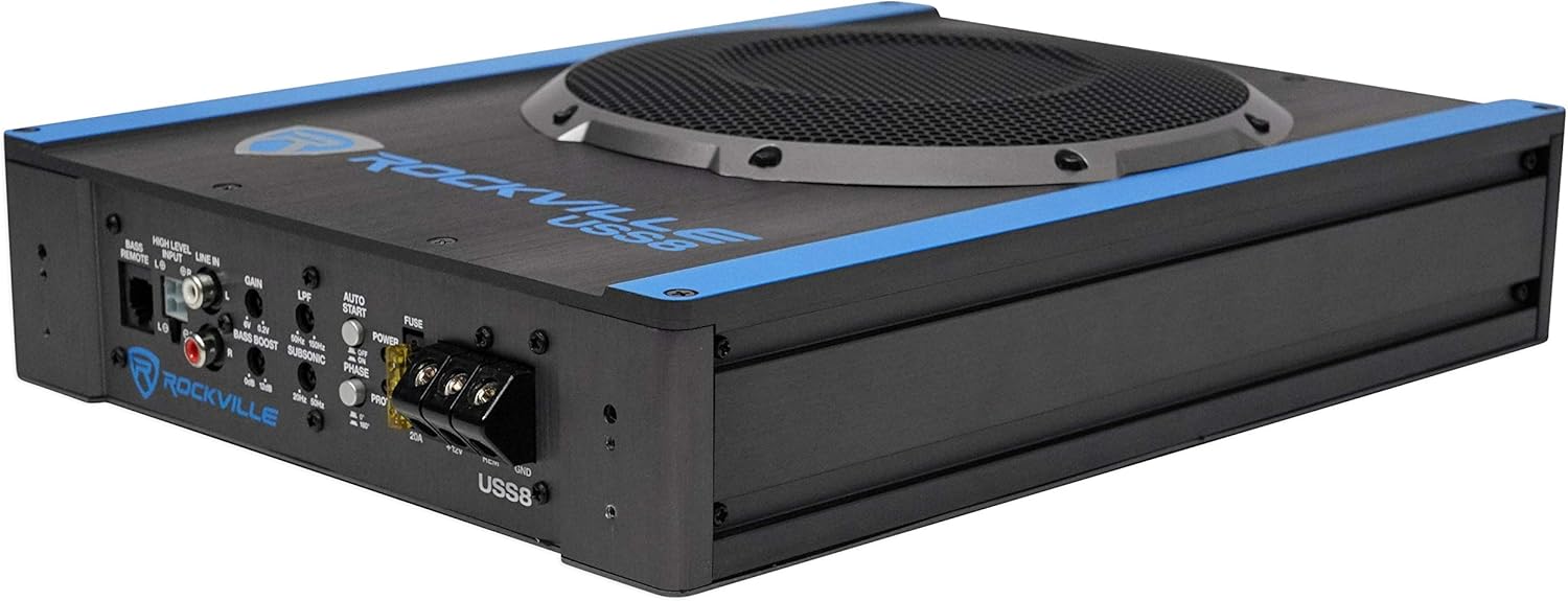 Rockville USS8 8" 600W Slim Under-Seat Active Powered Car/Truck Subwoofer, 150W RMS, CEA-2006 Certified, RWK10 10-Gauge Amp Kit with 100% Copper RCA Cables, 2-Items