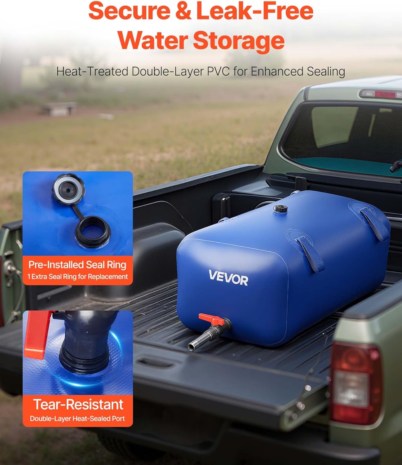 VEVOR Water Storage Bladder 30 Gallon Large Capacity Water Bag, Portable & Collapsible Soft Waters Container, Leakproof & Tear-Resistant PVC Emergency Waters Storage Tank for RV Truck & Outdoor Use