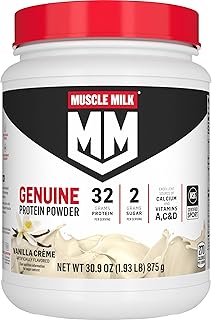 Muscle Milk Proteína en polvo auténtica, crema de vainilla, 1.93 libras, 12 porciones, 1.13 oz de proteína, 0.07 oz de azúcar, calcio, vitaminas A, C y D, certificado NSF para deporte, aperitivo energizante, el embalaje puede variar