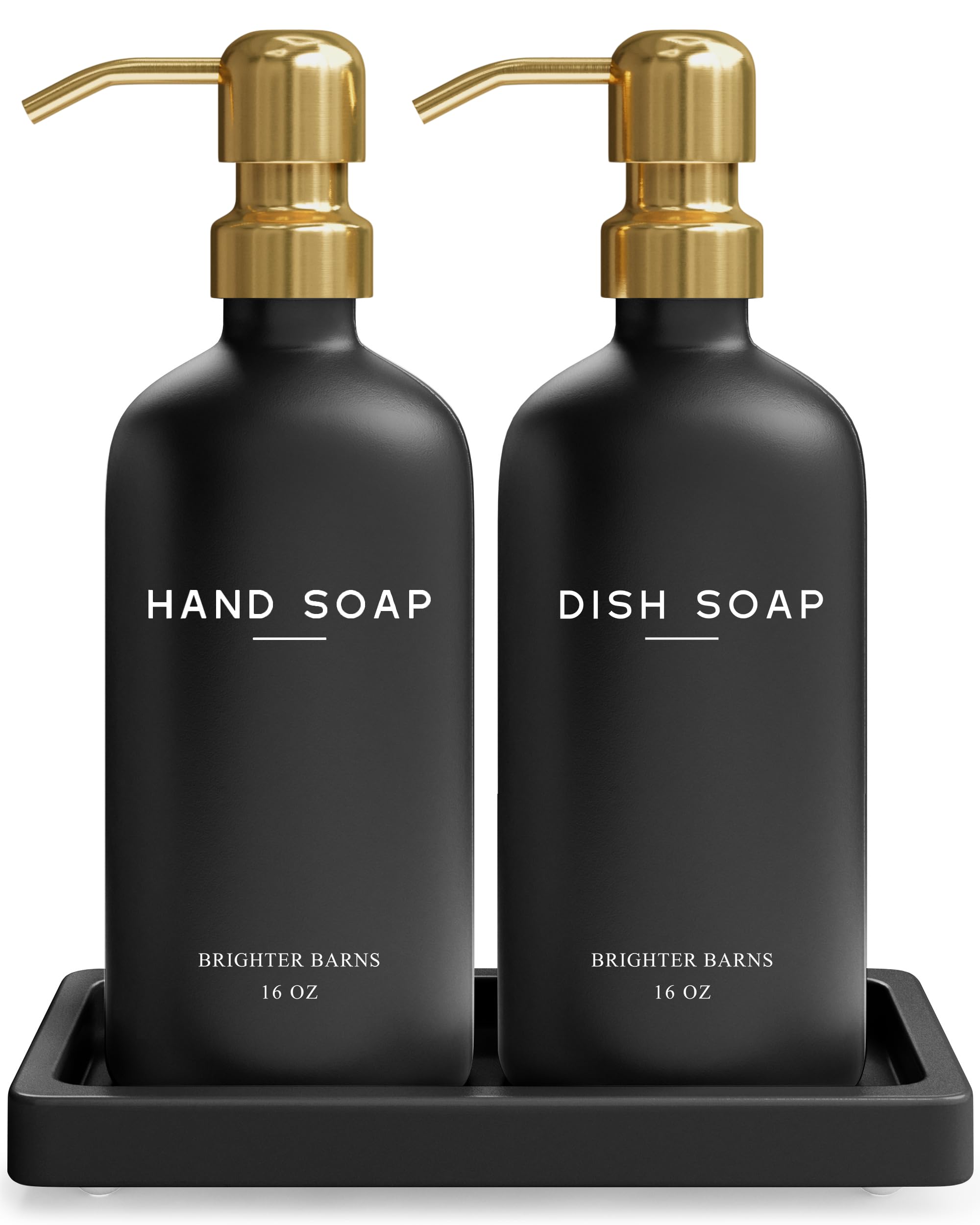 Luxury Glass Hand and Dish Soap Dispenser Set by Brighter Barns - Black and Gold Soap Dispenser Set for Kitchen Sink - Modern Kitchen Decor and Accessories for Restaurant, Airbnb, Gift (Black/Gold)