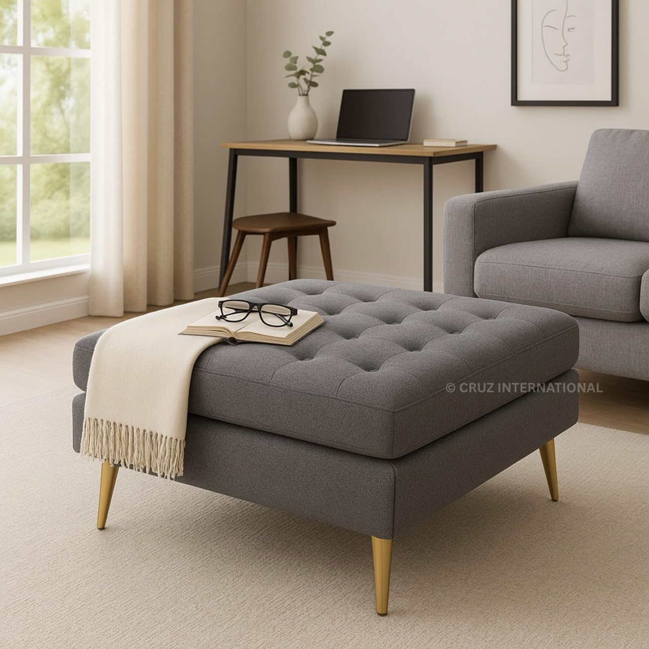 CRUZ INTERNATIONAL - online shopping-be ready ! Velvet Ottoman Foot Rest Stool Linen Fabric Padded Seat Pouf Ottoman for Living Room Offics Bedroom (Grey)-image-37