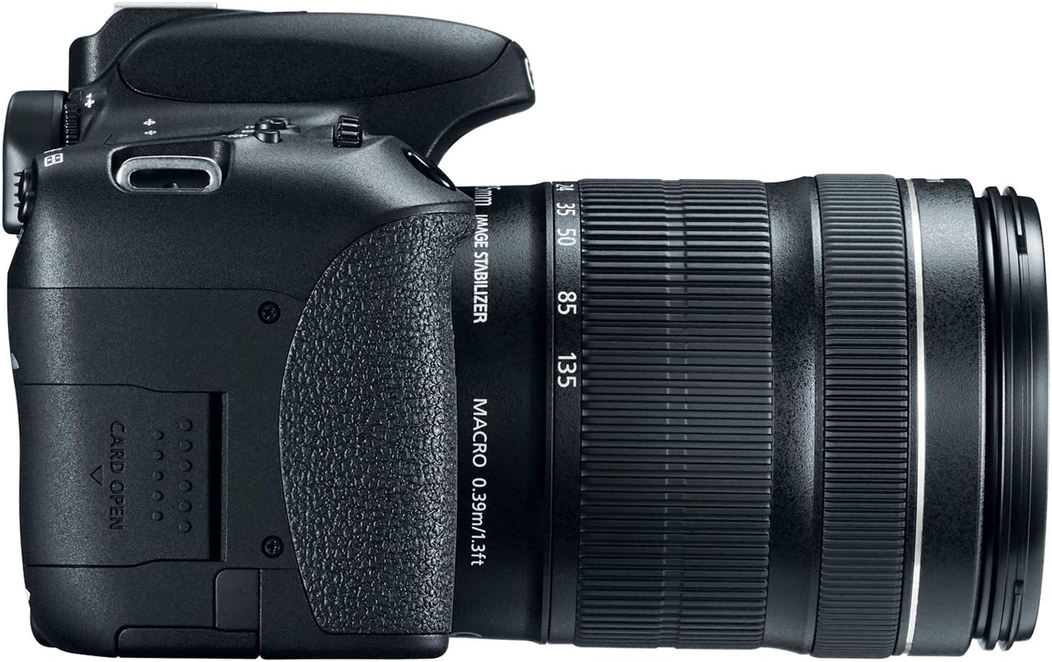 Samping view of Canon EOS Rebel T6s camera with the memory card slot cover open.