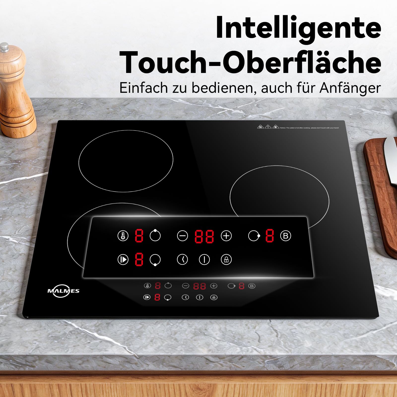 3 Platten Induktionskochfeld 60 cm, 5500W Einbau Kochfeld Induktion | Power Booster Touch-Bedienung, 9 Leistungsstufen, Sicherheitsschloss, Touch-Bedienung, Zeitschaltuhr, D60355C1