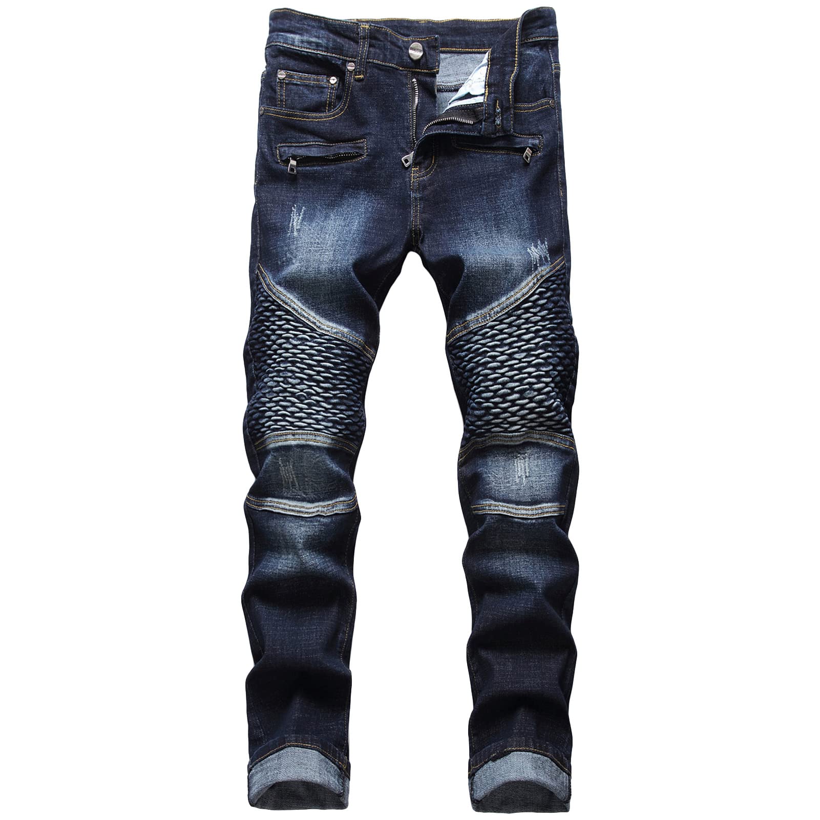 Men Ripped Vintage Biker Jeans Distressed Destroyed Zipper Denim Pants Straight Holes Moto Patch Hip Hop Jean (Dark Blue 2,40)