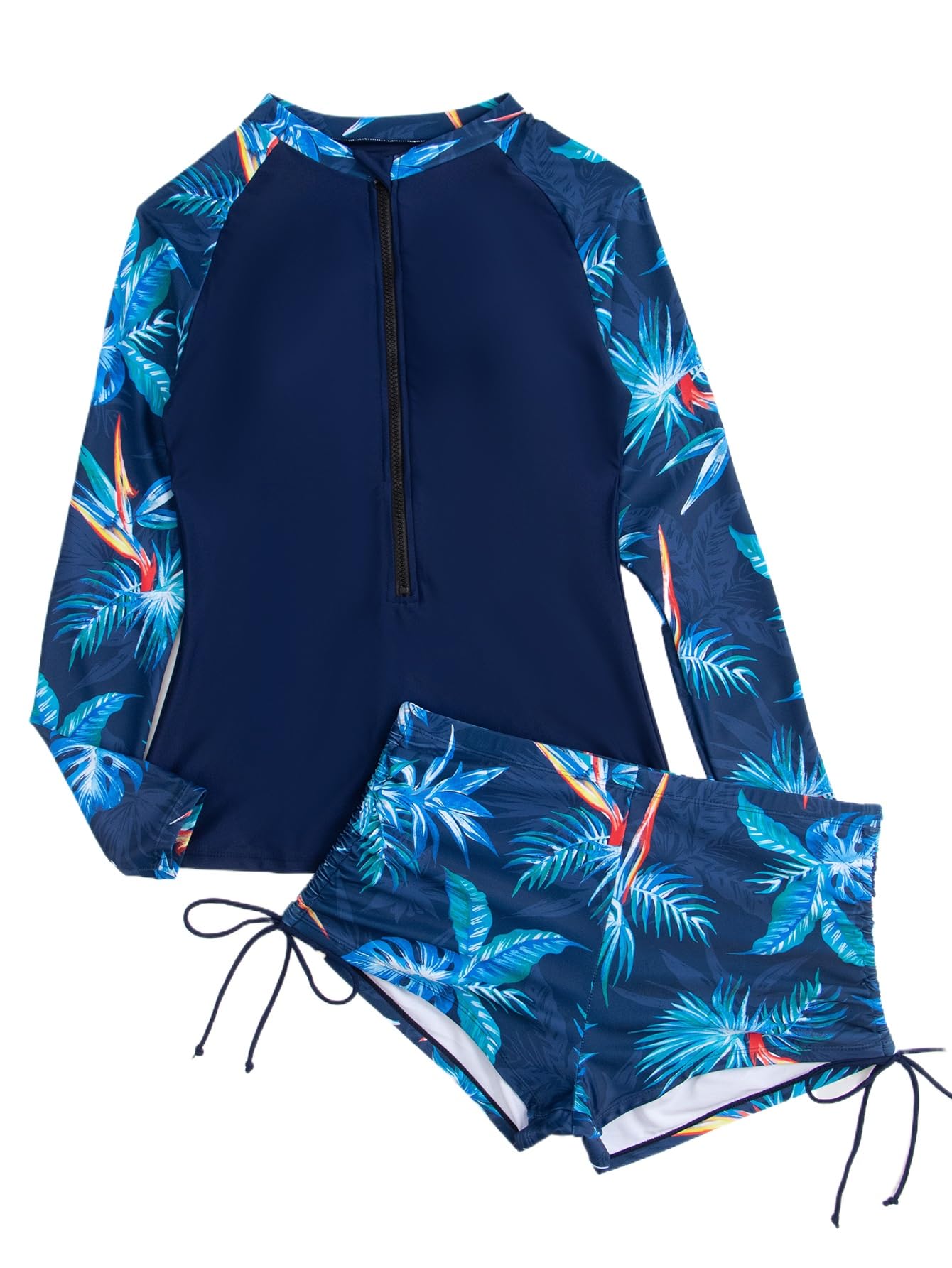 Owntop 2-częściowy Rash Guard Rash Guard Rash Vest damska, stroje kąpielowe z długim rękawem UV UPF 50+, koszula pływacka, zamek błyskawiczny, kwiatowy strój kąpielowy z wysokim stanem, do pływania,