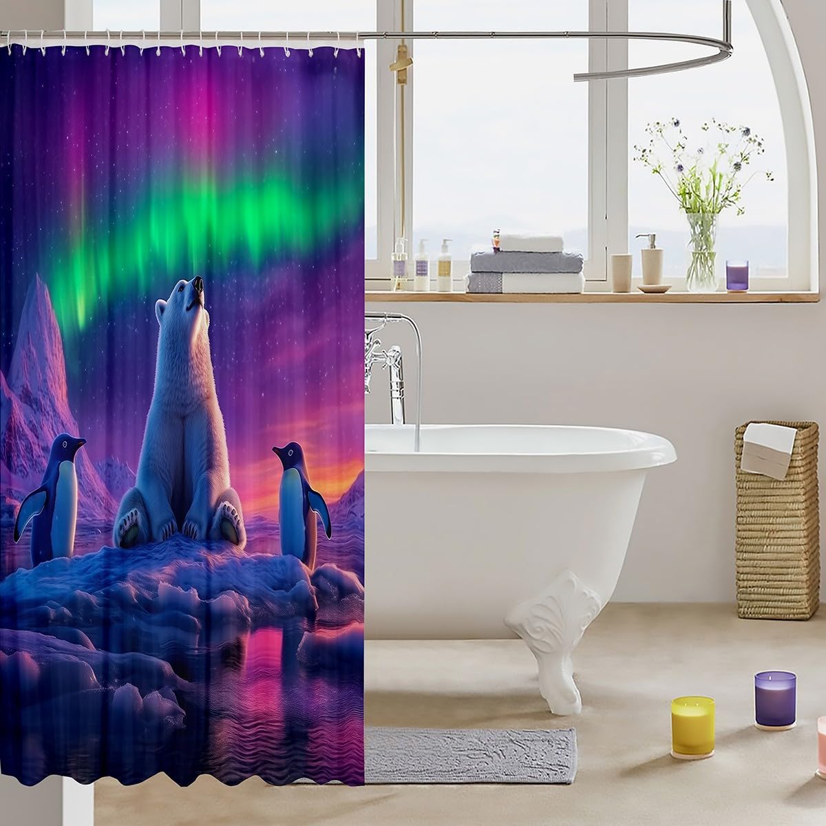 Erosebridal Aurora Shower Curtain Set,Polar Bear Penguin Bathroom Decor for Kids Boys Girls,Northern Lights Bathroom Set Starry Night Nature Themed Fabric Shower Curtain 72" Wx84 L