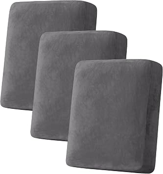 H.VERSAILTEX Velvet Stretch Couch Cushion Cover Plush Cushion Slipcover for Chair Loveseat Sofa Cushion Furniture Protector Seat Cushion Sofa Cover 3 Piece Sofa Cushion Covers, Grey