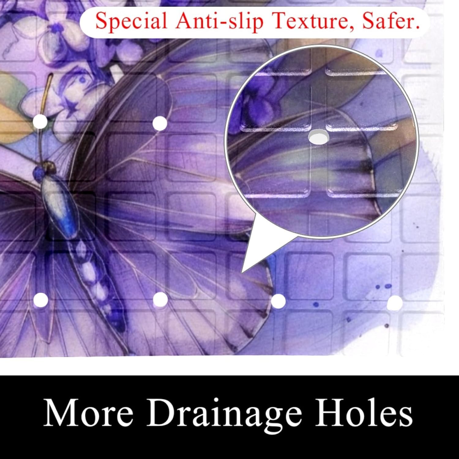 Bath Tub Mat Non Slip 15.1 x 26.8 Inch, Eco Friendly Bathmat with Suction Cups Drain Holes Shower Tub Mats (Watercolor Purple Lilac Butterflies)