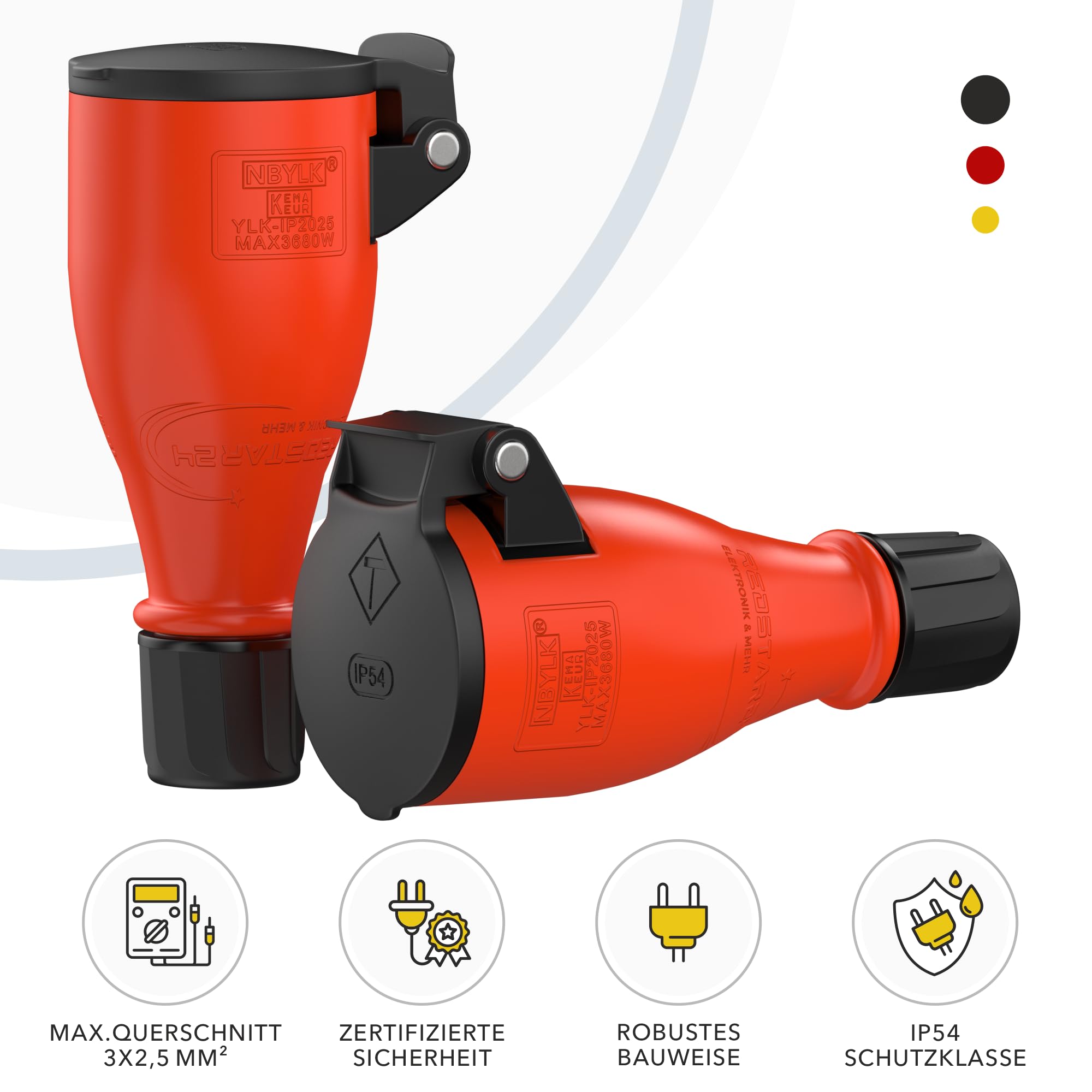 RedStar24 Presa femmina 220 V IP54 | Robusta gomma e plastica | Coperchio a molla automatica, perfetto per l'esterno, presa elettrica a 3 pin, set di 2 spine femmina Schuko