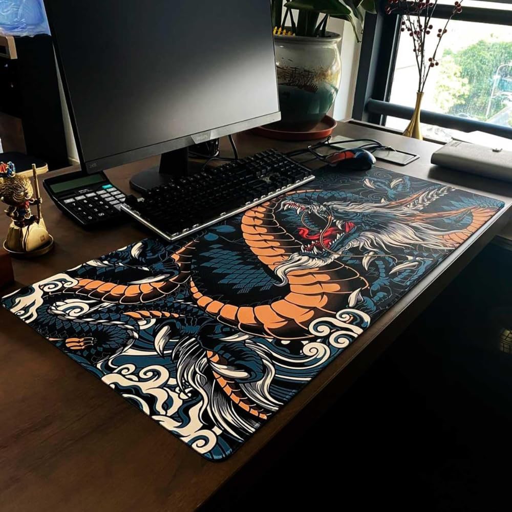 Mouse Pad Gamer Speed Extra Grande Desk Pad Profissional com Borda Costurada 70x35 Dragão Azul Premium GAXMARK