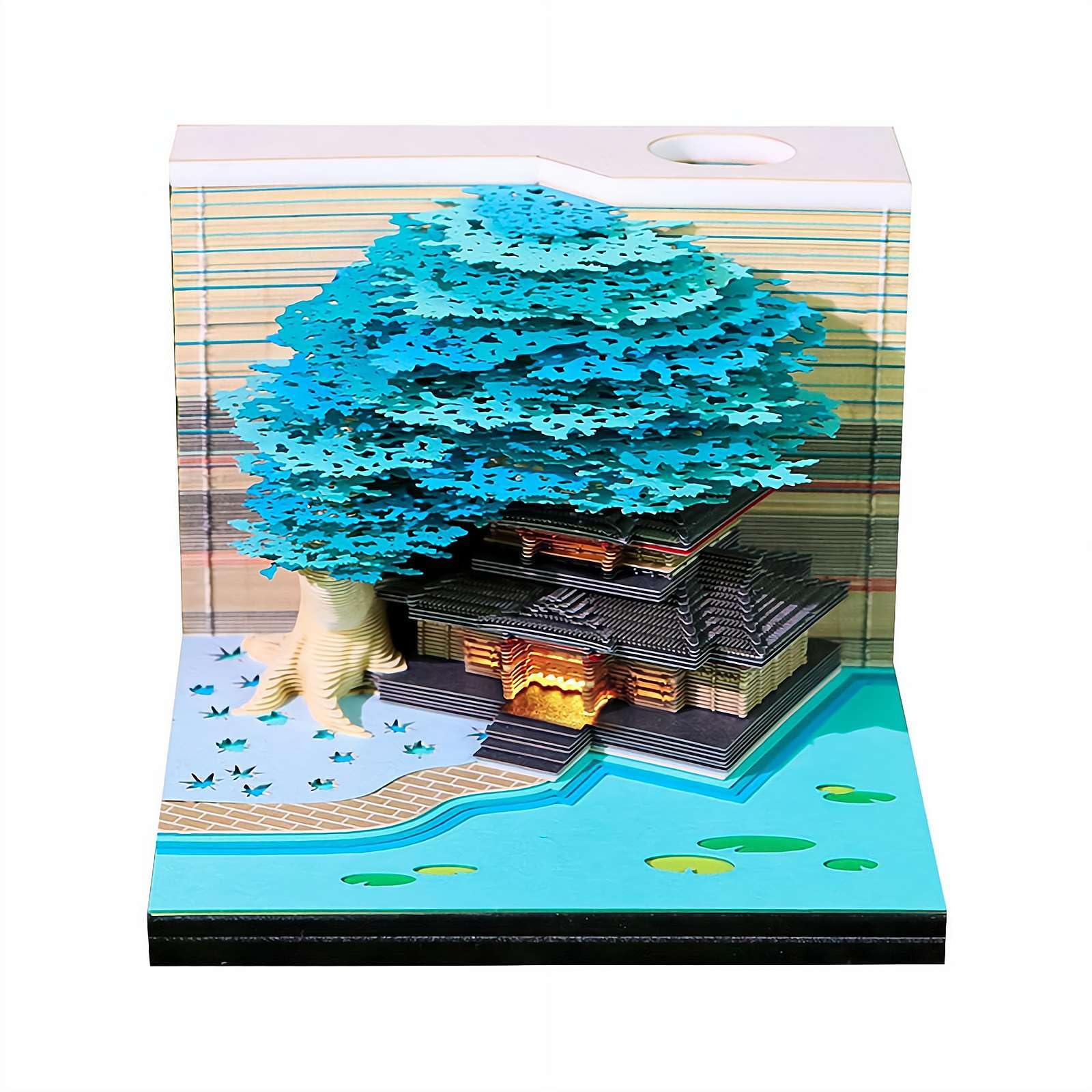 3D Desk Calendar 2026, Time Piece Calendar 2026, Tear-Away 3D Cherry Blossom Treehouse Paper Art Notepad with Pen Holder, Paper Carving House Sculpture Gift for School Home Office
