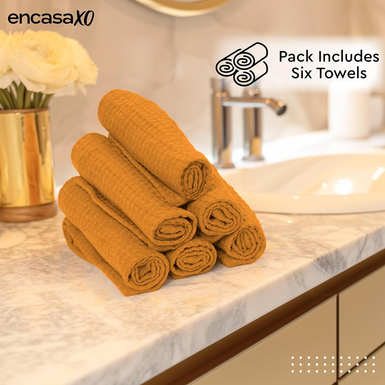 Encasa XO' Waffle Weave Face & Hand Towels – 12"x12", Gold Washcloths Set of 6 – Quick Drying for Bathroom, Gym, Kitchen & Travel – Small Reusable Dish Cloths & Face Wipes for Everyday Use image 2