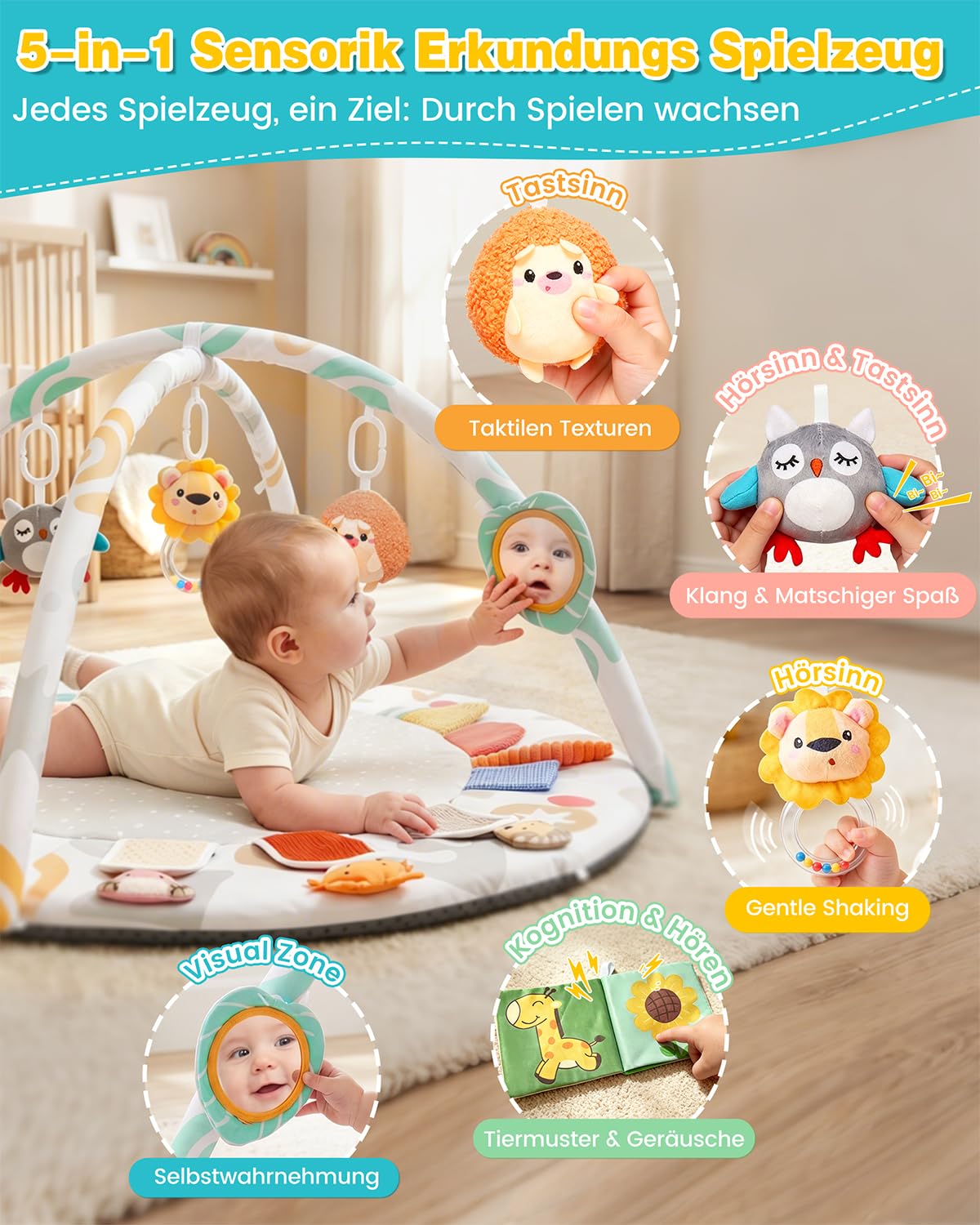 Tapis d'Éveil Bébé avec Arche Amovible, Jeux Sensoriels Montessori pour Matelas d'Activité, Tapis d'Éveil avec 5 Jouets à Suspendre, 0-12 Mois Cadeau de Naissance Garçon Fille