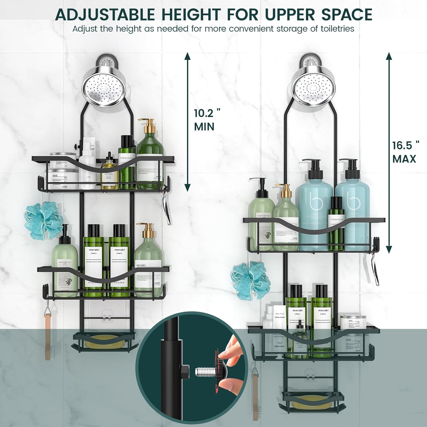 Shower Caddy Hanging Adjustable Shower Caddy, Rustproof Shower Organizer Extended Length Shower Caddies Over Shower Head with Hooks Soap Holder, Large Capacity Anti-Swing Bathroom Organizer, Black - Image 2