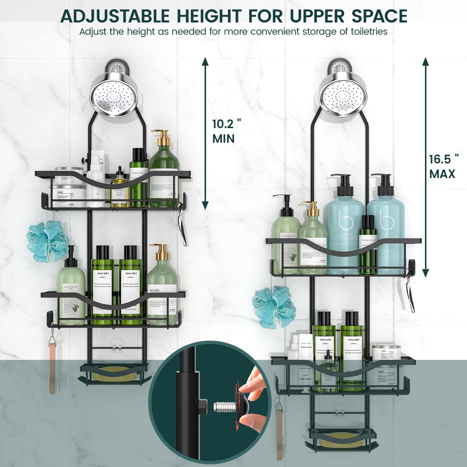 Shower Caddy Hanging Adjustable Shower Caddy, Rustproof Shower Organizer Extended Length Shower Caddy Over Shower Head with Hooks Soap Holder, Large Capacity Anti-Swing Bathroom Organizer, Black