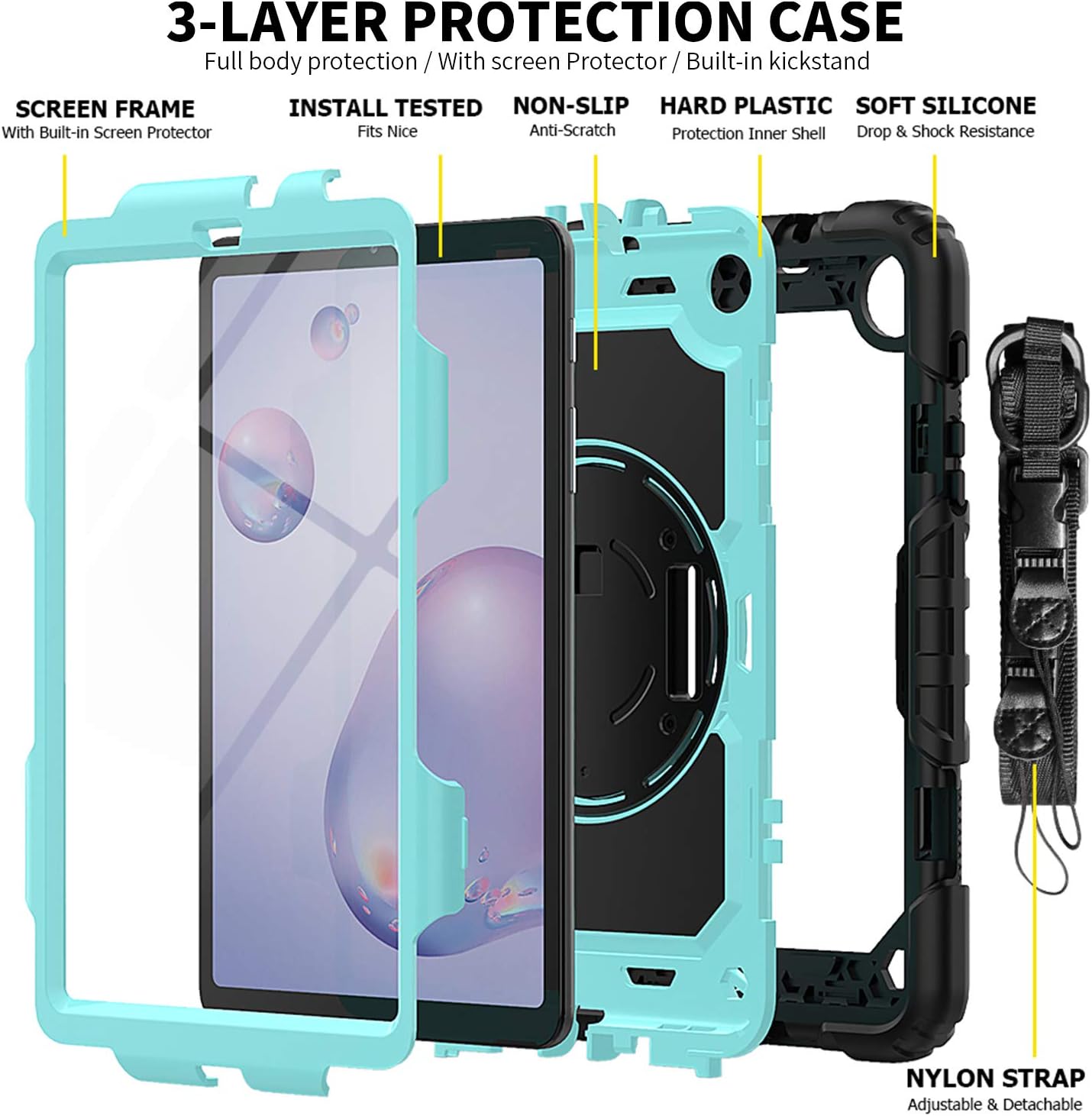 Samsung Tab A 8.4 Case with Pencil Holder | Herize SM-T307/SM-T307U Case with Screen Protector | Full-Body Rugged Heavy Duty Case with 360 Rotating Kickstand Hand Strap for Galaxy Tab A 8.4 2020