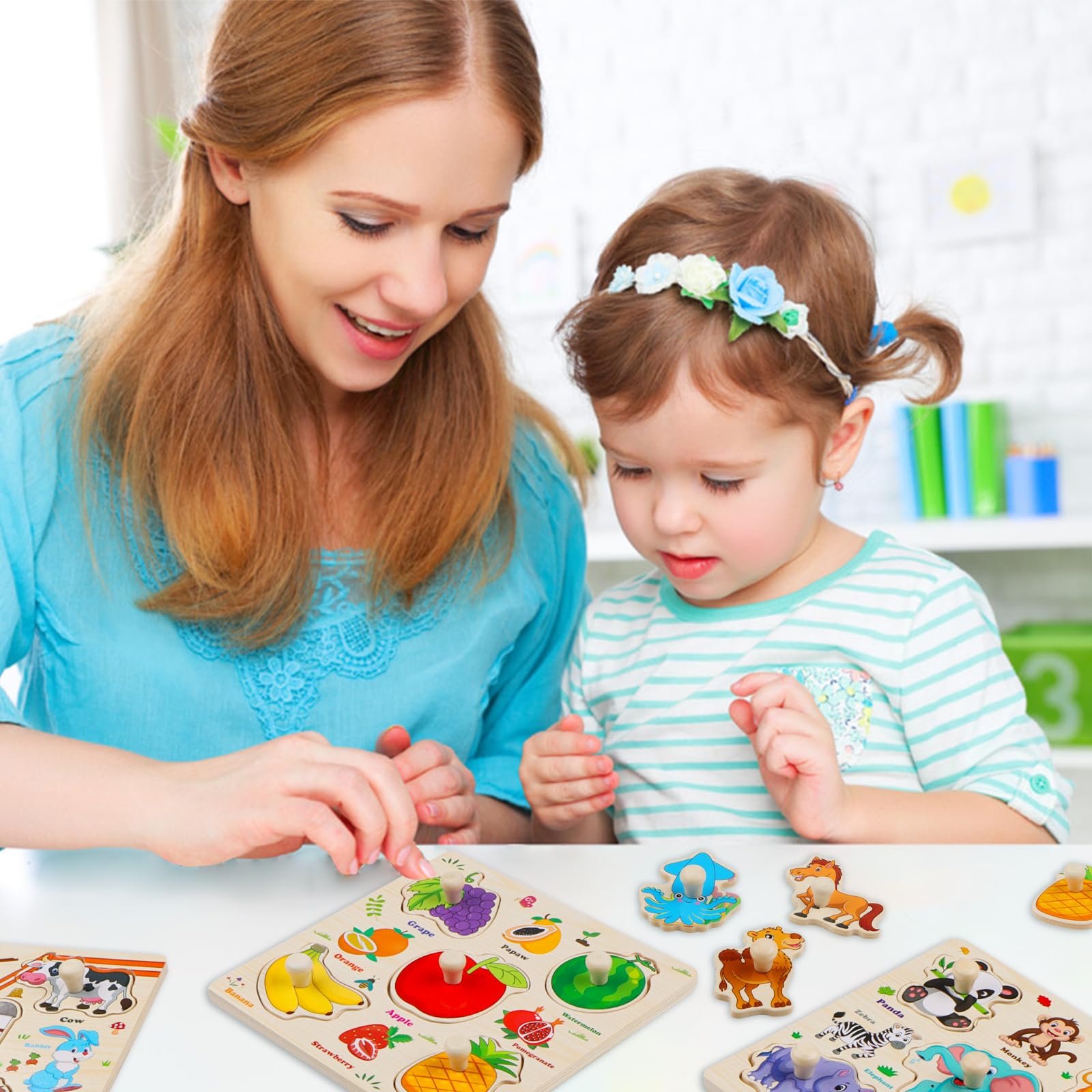 6 Pièces Puzzle Bois avec Poignée - Apprentissage Précoce Puzzle Encastrement éducatif Montessori pour Garçons Filles- Puzzles Encastrable Vehicule Ferme Fruits Animaux Marins Insectes