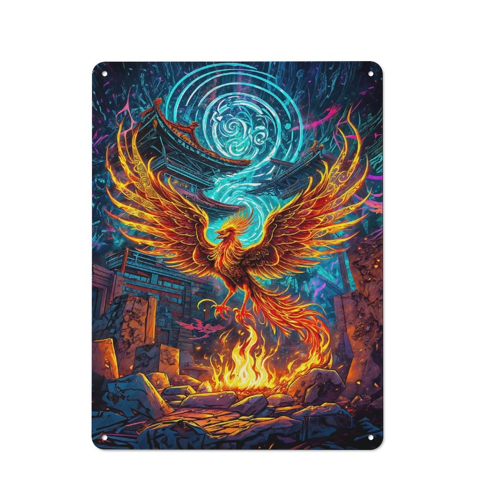 Junmoney A Phoenix Rises From Fire Garage Metal Sign With Design 40X30cm, Weathered Look Garage Wall Decor For Garage, Workshop, Shed Or Utility Room