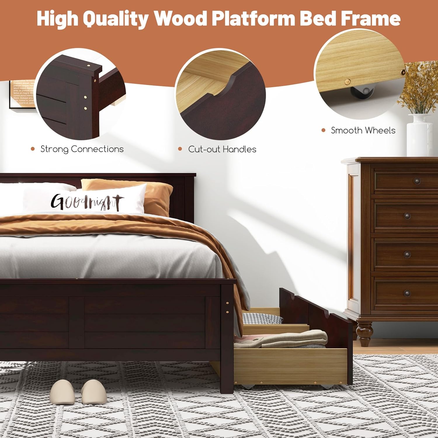 Full Size Bed Frame with 2 Drawers, Platform Bed with Solid Wood
