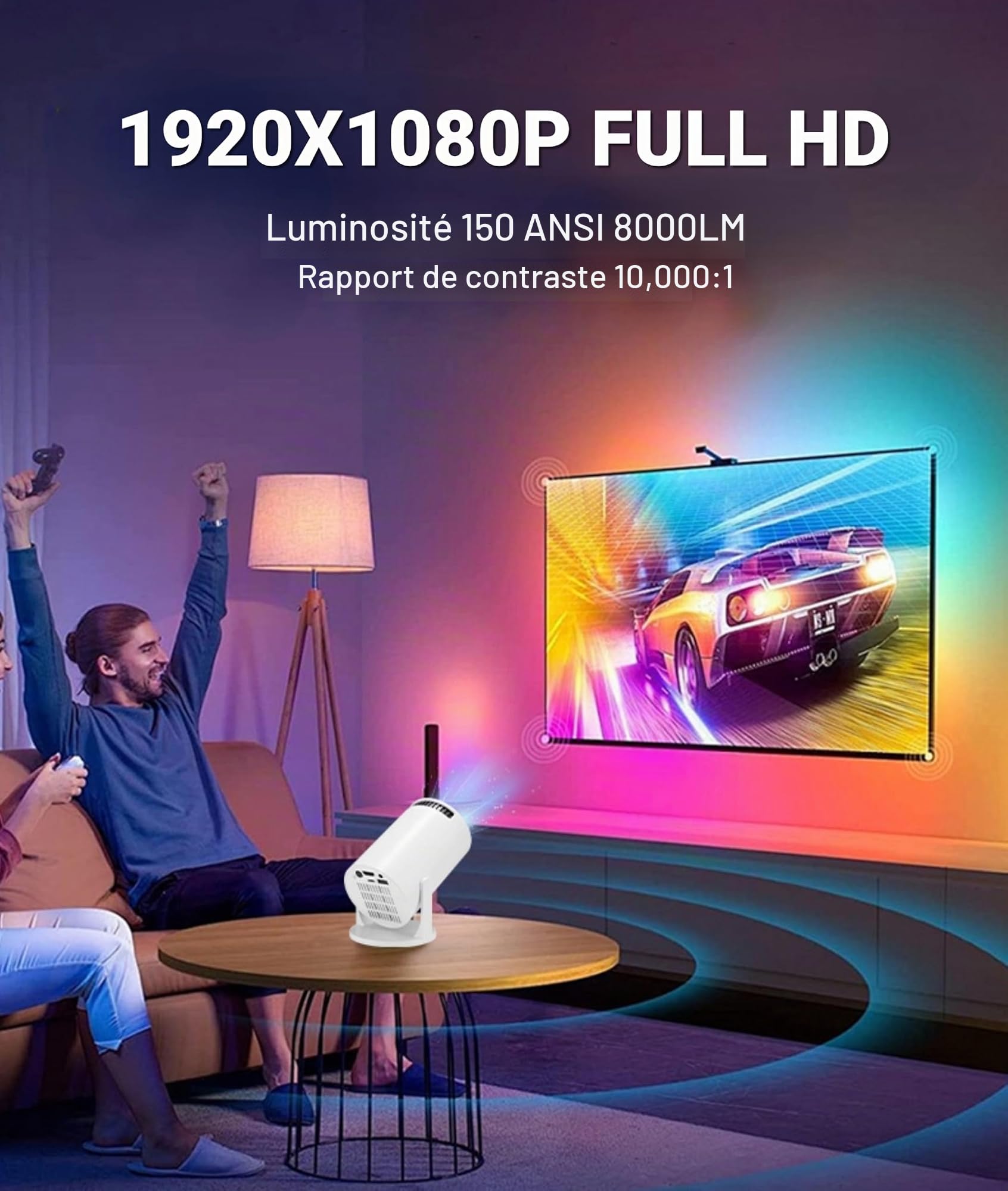 Petit Projecteur 1080P, fidélité sans Fil, LED Réglable à 270°, Projecteur de Film Portable pour Téléphone, clé USB TV, Ordinateur Portable, 8 000 LM, écran Géant de 50