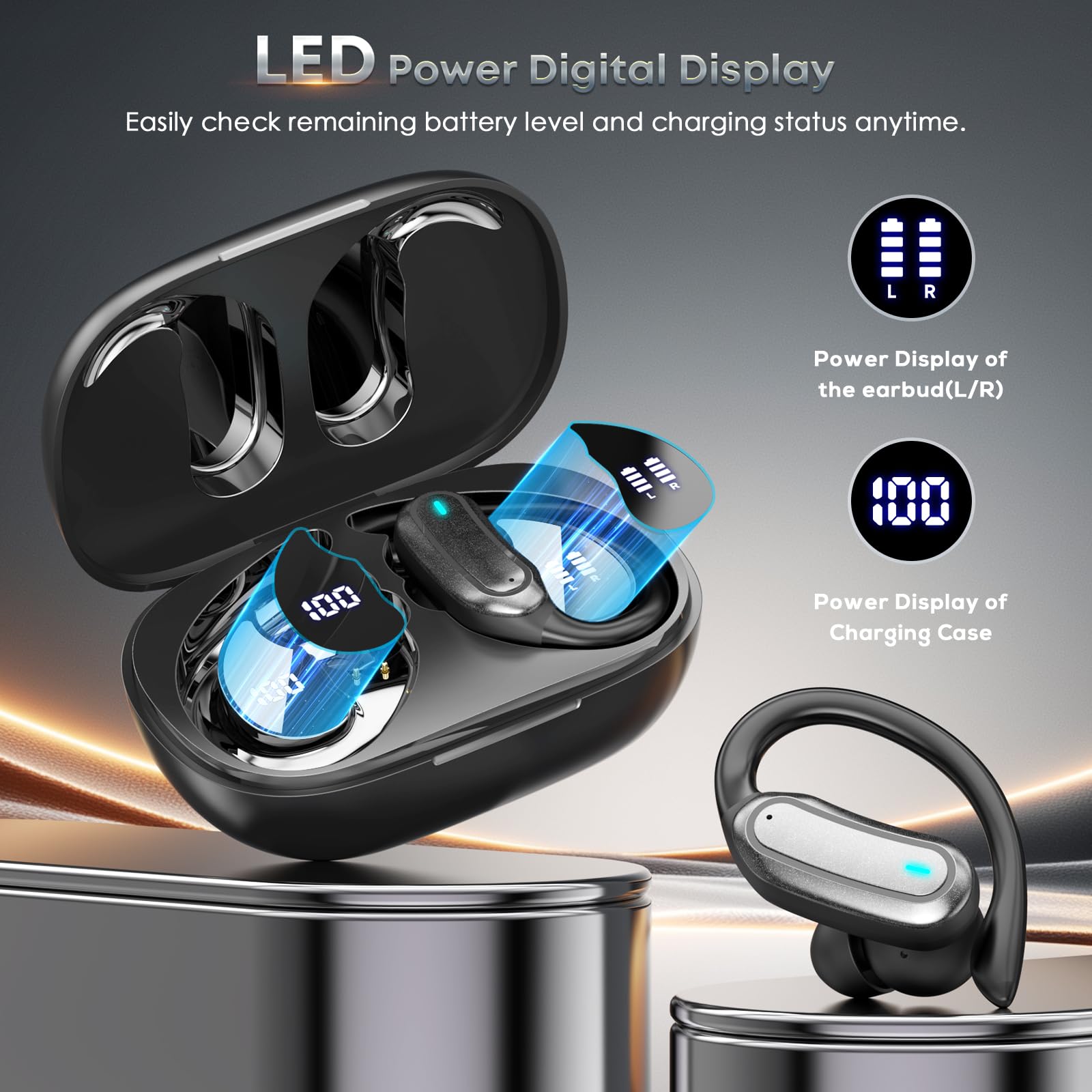 Wireless Earbuds Bluetooth 5.4 Headphones, 54H Playtime Stereo Earphones with Noise Cancelling Mic, IPX7 Waterproof, Fast Charging and Comfort Fit Ear Buds for Fitness/Sports/Workouts/Travel Black — view 5