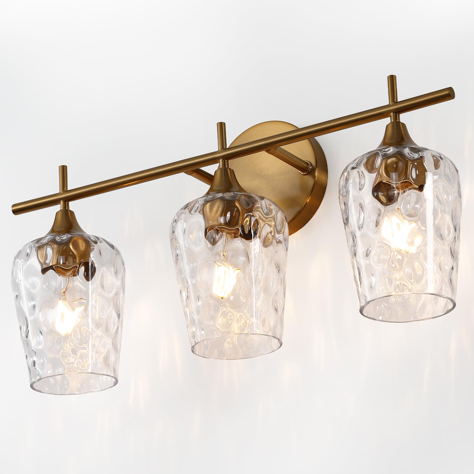 Tribesigns - Aplique de pared de baño (3 luces, modelo dorado, con pantallas de cristal corrugado, casquillos E27. Ideal para espejos de baño, cocina, pasillo y dormitorio. Am