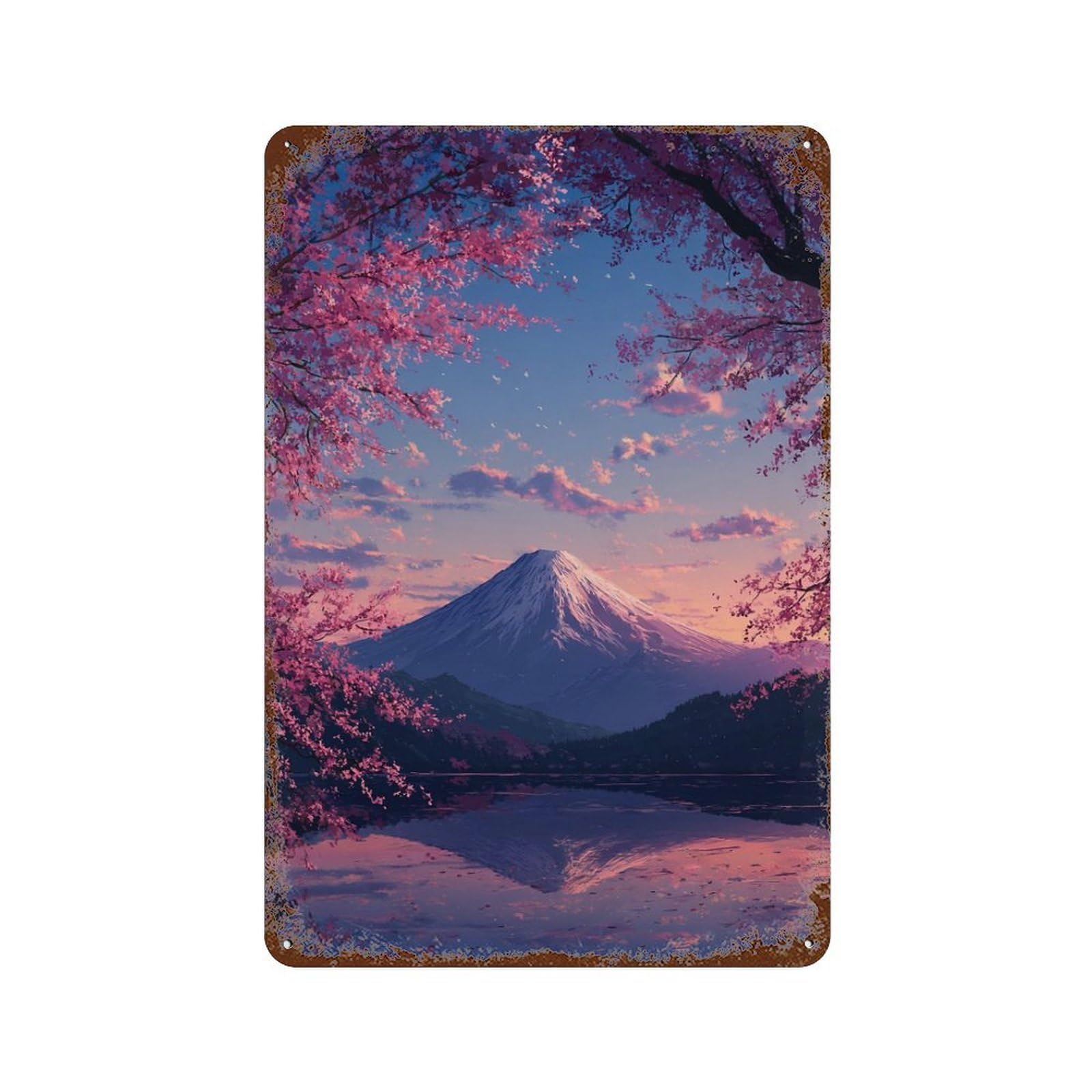 Rusty Metal Tin Sign with Cherry Blossom Mountain Reflection-3 Design 11.8"x7.9", for Shed, Workshop And Garage Wall Decor, Classic Wall Plaque