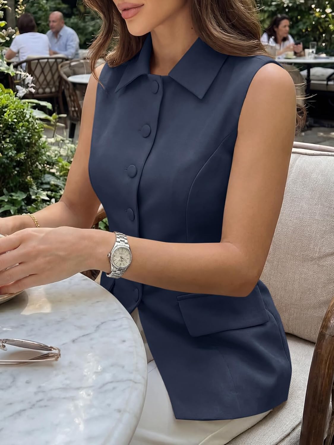 Cicy Bell Womens Summer Suit Vest Tops Button Down Collared Blazer Waistcoats Work Office Dressy Casual Sleeveless Jackets