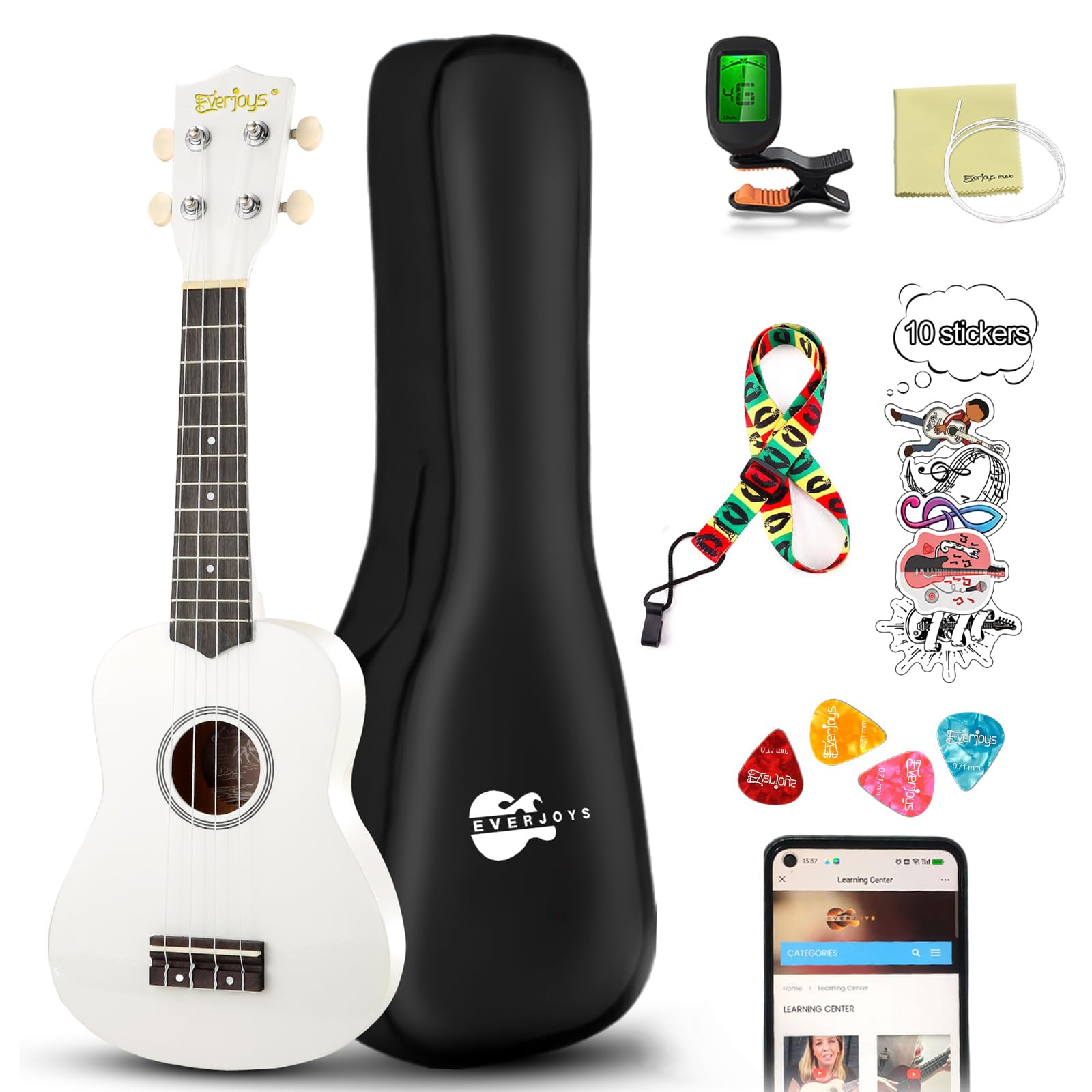 Everjoys Soprano Ukulele Beginner Kit 21 Inch w/Free Online Lesson Gig Bag Tuner Picks Strap, Fast to Learn (Shinny White）