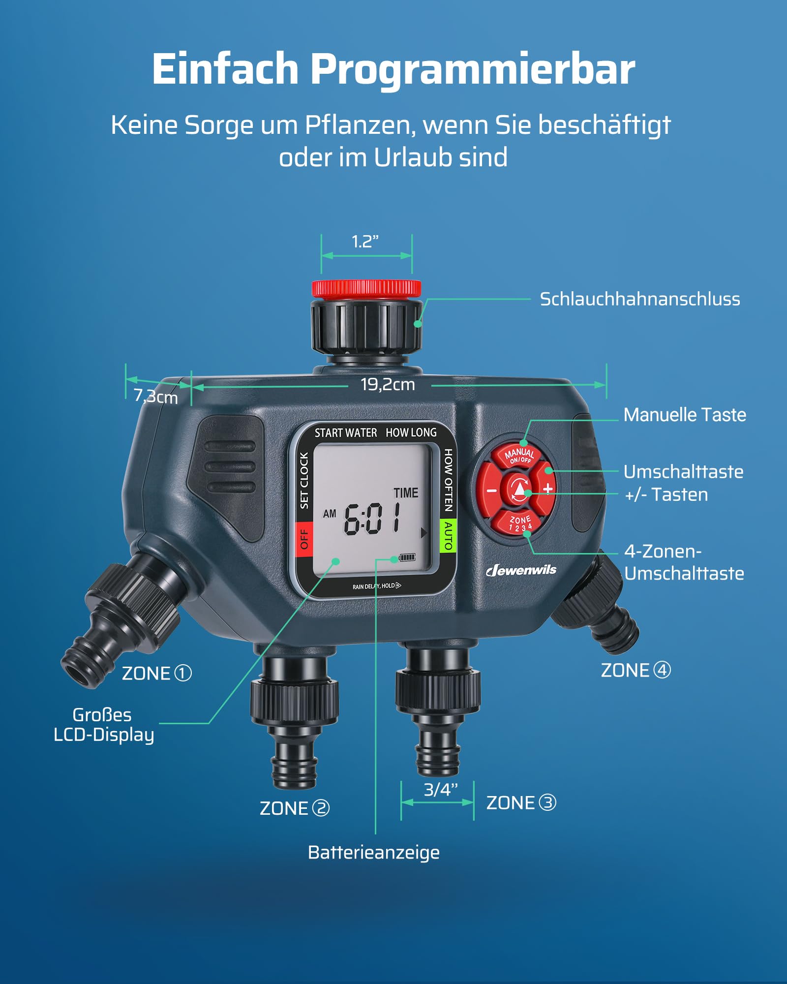 DEWENWILS Bewässerungscomputer 4 Ausgänge, 4 Bewässerungsprogramme für Jede Zone, Garten Bewässerungsuhr, Automatische Bewässerung Zeitschaltuhr mit Regenverzögertem/Manuellem/Automatischem Modus