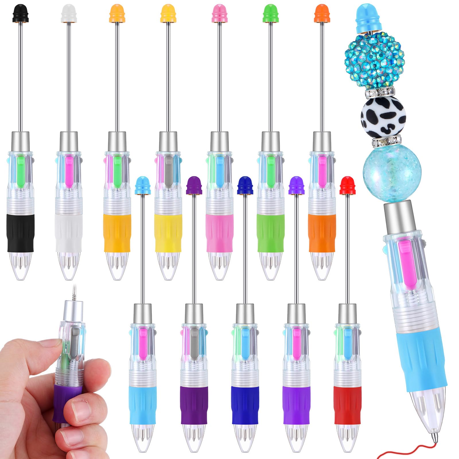 Skyygemm 12 Pcs Back to School Multicolor Beadable Pens 4 in 1 Colored Beads DIY DIY Retractable Ballpoint Pens for Classroom Teacher Gift Making Kit(